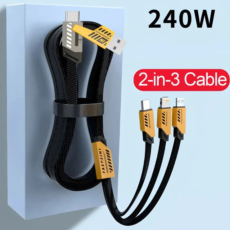 240W USB Fast Charging Cable, 3-in-1 Multi Charger Cord for iPhone, Type-C & Micro USB, 4FT Braided