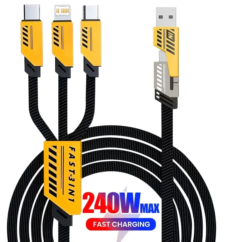 240W USB Fast Charging Cable, 3-in-1 Multi Charger Cord for iPhone, Type-C & Micro USB, 4FT Braided