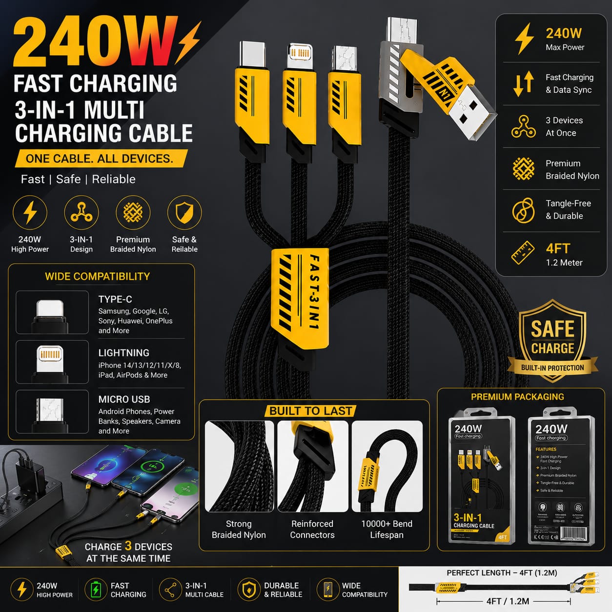 240W USB Fast Charging Cable, 3-in-1 Multi Charger Cord for iPhone, Type-C & Micro USB, 4FT Braided