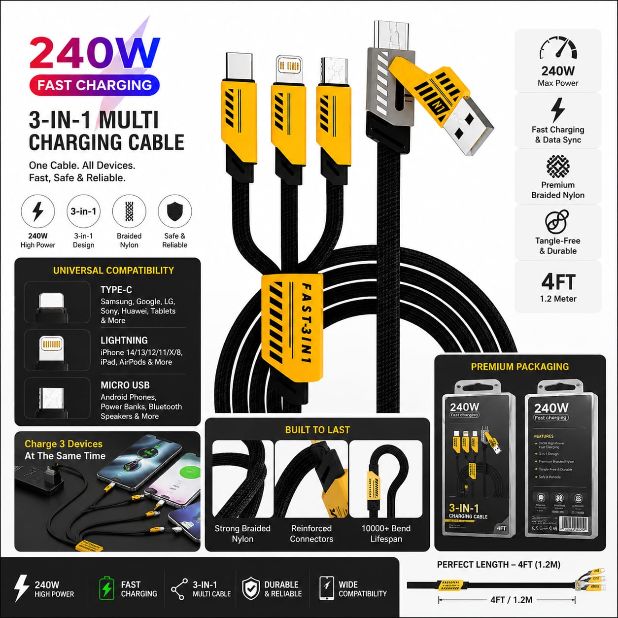 240W USB Fast Charging Cable, 3-in-1 Multi Charger Cord for iPhone, Type-C & Micro USB, 4FT Braided