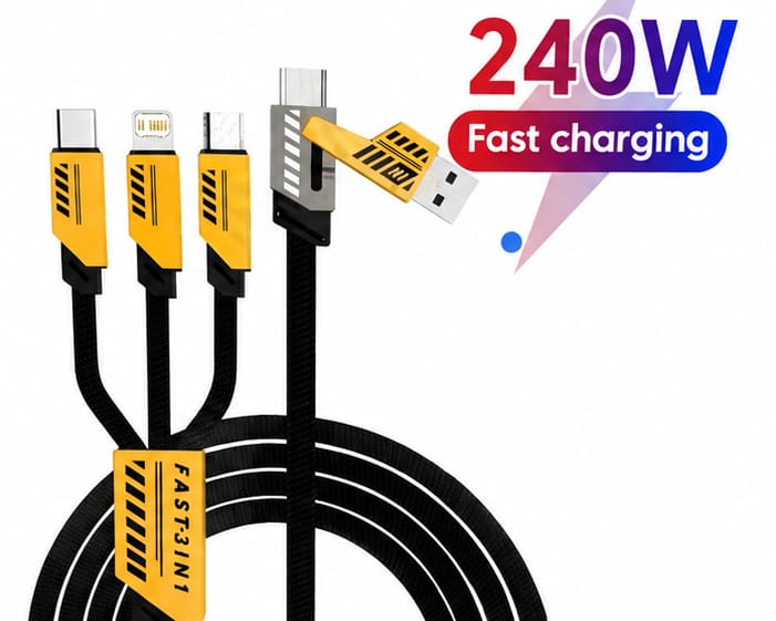 240W USB Fast Charging Cable, 3-in-1 Multi Charger Cord for iPhone, Type-C & Micro USB, 4FT Braided