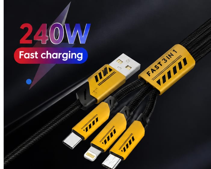 240W USB Fast Charging Cable, 3-in-1 Multi Charger Cord for iPhone, Type-C & Micro USB, 4FT Braided