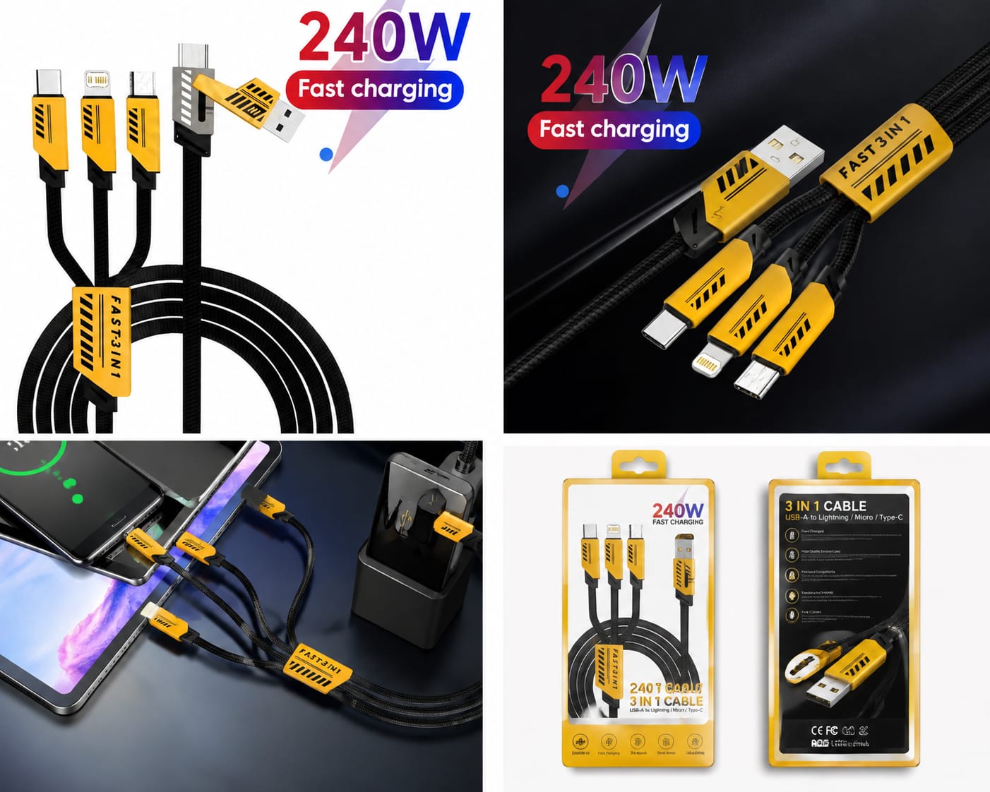 240W USB Fast Charging Cable, 3-in-1 Multi Charger Cord for iPhone, Type-C & Micro USB, 4FT Braided