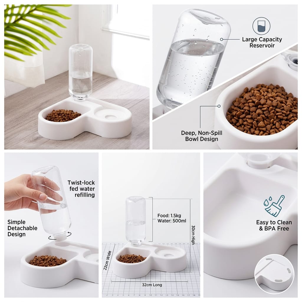 "Heart Shaped Automatic Pet Water and Food Dispenser, Self Refilling Bowl for Cats and Dogs."