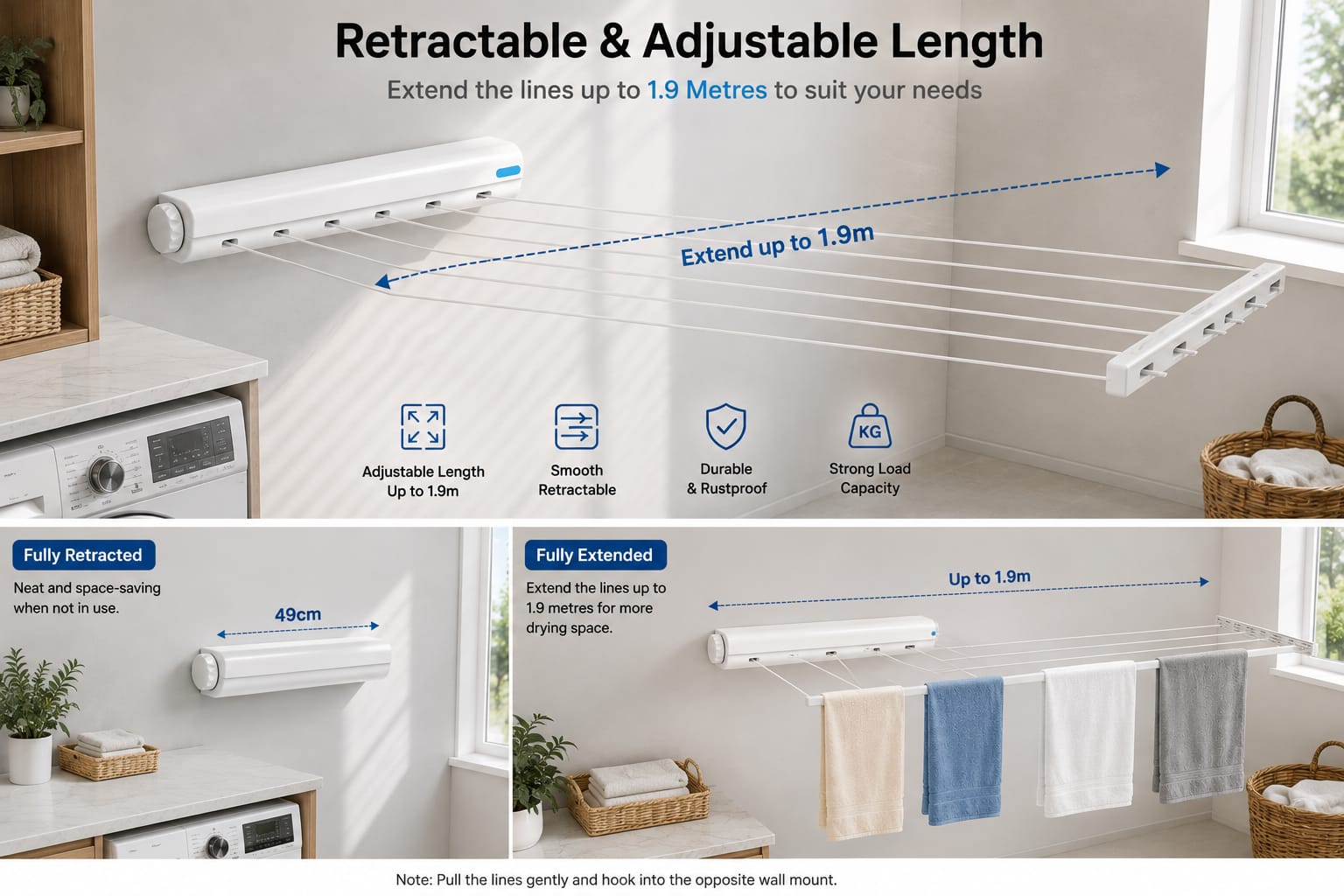 Telescopic Retractable Clothesline, Outdoor Laundry Drying Rope.