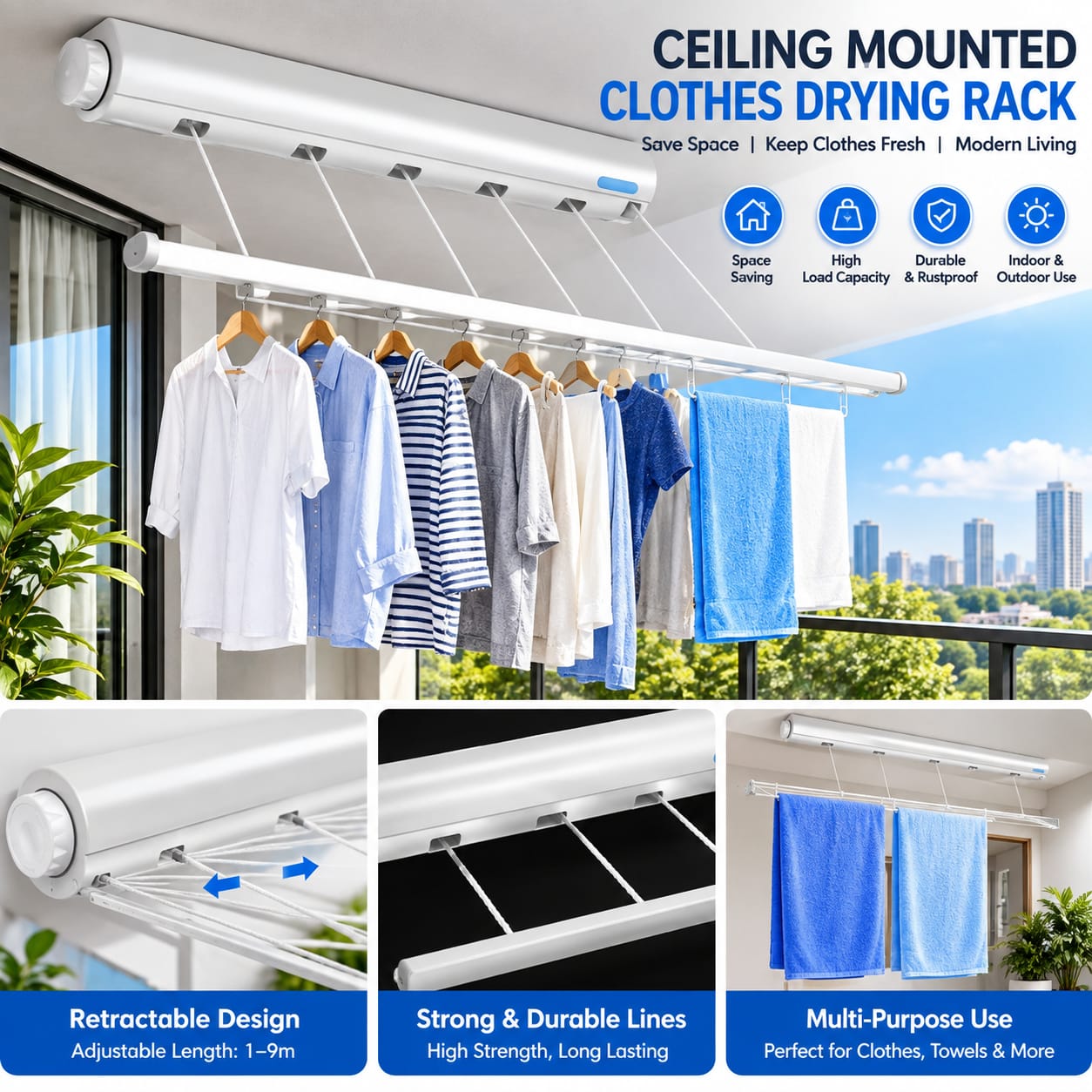 Telescopic Retractable Clothesline, Outdoor Laundry Drying Rope.
